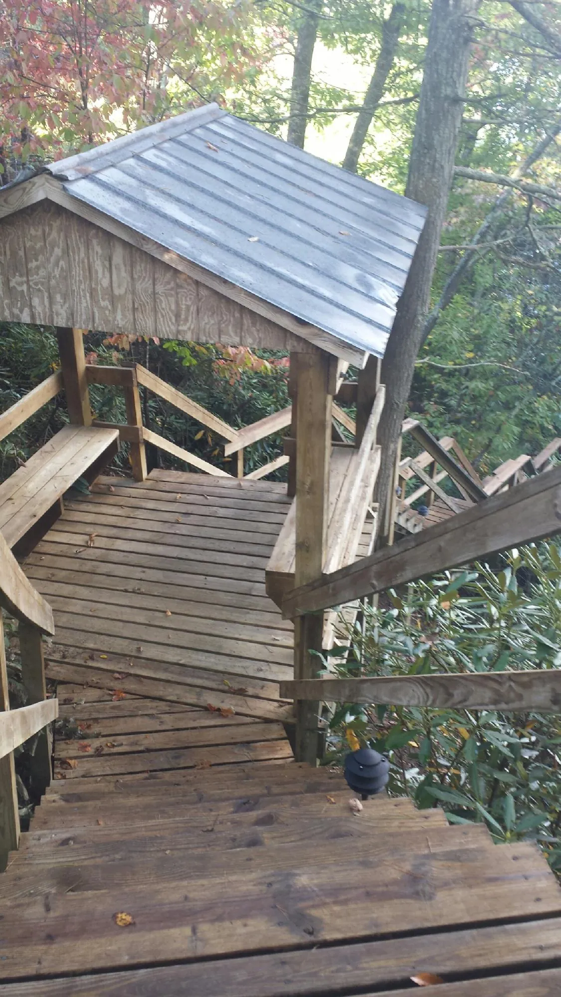 Metal roofed shelter over wooden steps on a wooded walkway — Skylight Repair & Installation work by our crew in Nixa